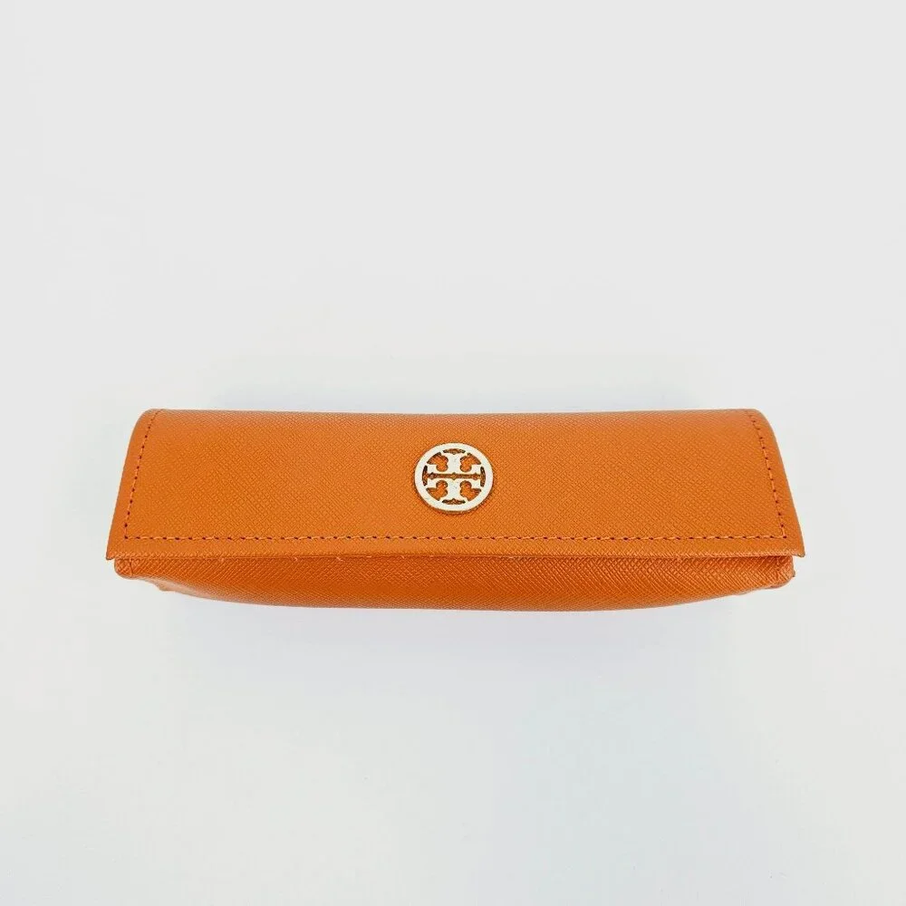 Tory Burch Glasses Case Orange Saffiano Leather Gold Metal Logo Designer Stylish